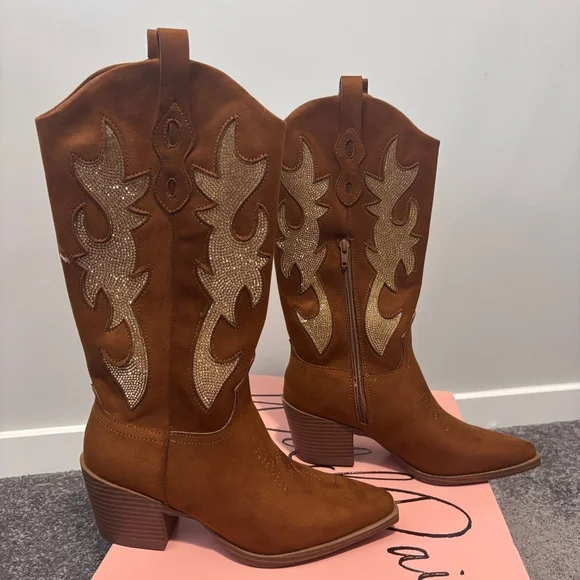Wild Pair Women's Size 6.5 Brown Suede Cowboy Boots w/ Gold Crystals NIB - Picture 8 of 13